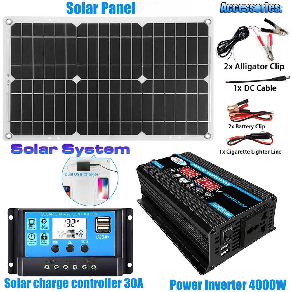 12V to 110V/220V Solar Panel System 12V Solar Panel Battery Charge Controller 4000W Solar Inverter Kit Complete Power Generation