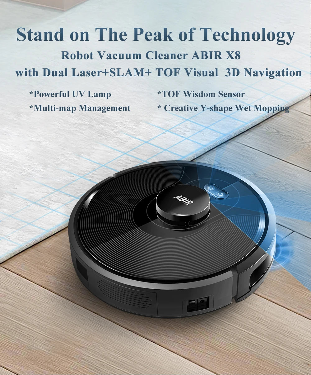 ABIR X8 Robot Vacuum Cleaner ,Laser System, Multiple Floors Maps, Zone Cleaning,Restricted Area Setting for Home Carpet Cleaning