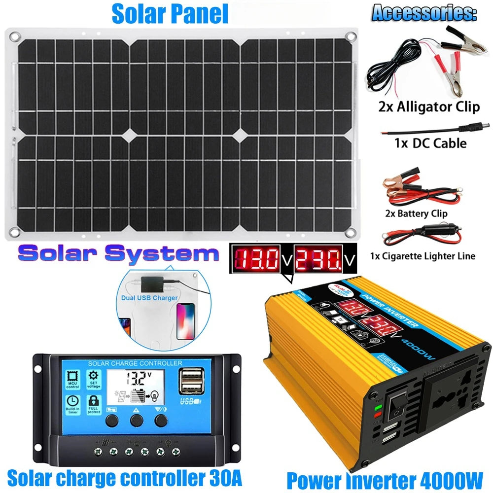 12V to 110V/220V Solar Panel System 12V Solar Panel Battery Charge Controller 4000W Solar Inverter Kit Complete Power Generation