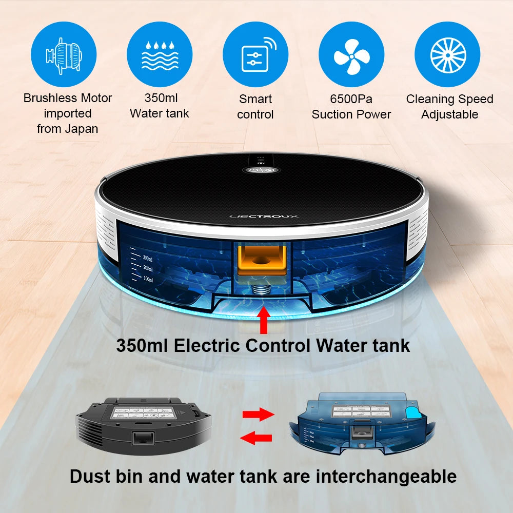 LIECTROUX/LILIN C30B Robot Vacuum Cleaner AI Map Navigation,Memory,Smart Partition,WiFi App,6000Pa Suction,Electric Water Tank