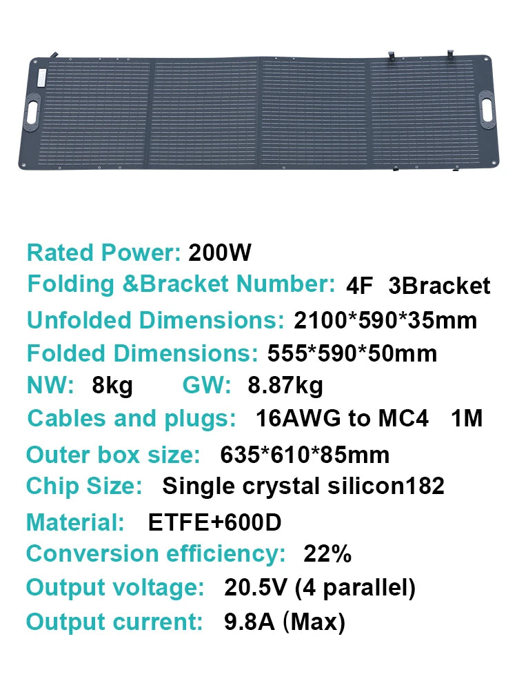 ETFE 200W Foldable Solar Panels Cell 20.5V Portable Solar Charging Panel Complete Kit for Outdoor Tourism Camping Power Station